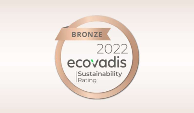 A round circle with a flag reading 'bronze' above the words '2022 Ecovadis Sustainability Rating'