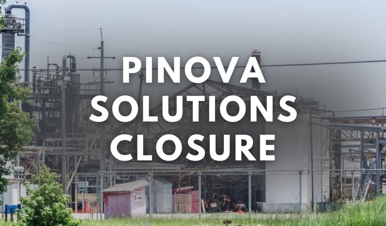 The words 'Pinova Solutions Closure' appear over an image of the burned Pinova facility in Brunswick, GA