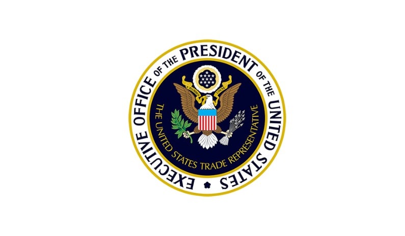 Round seal with a dark blue center featuring an eagle with the words 'Executive Office of the President of the United States' on the outer circle and 'The United States Trade Representative' on the inner circle